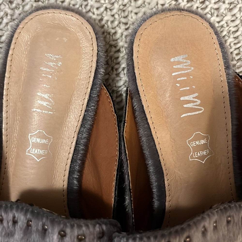 Mi.iM Leather With Gray Faux Calf Pony Hair Mule Slide Shoe Sz 7 - Picture 10 of 14